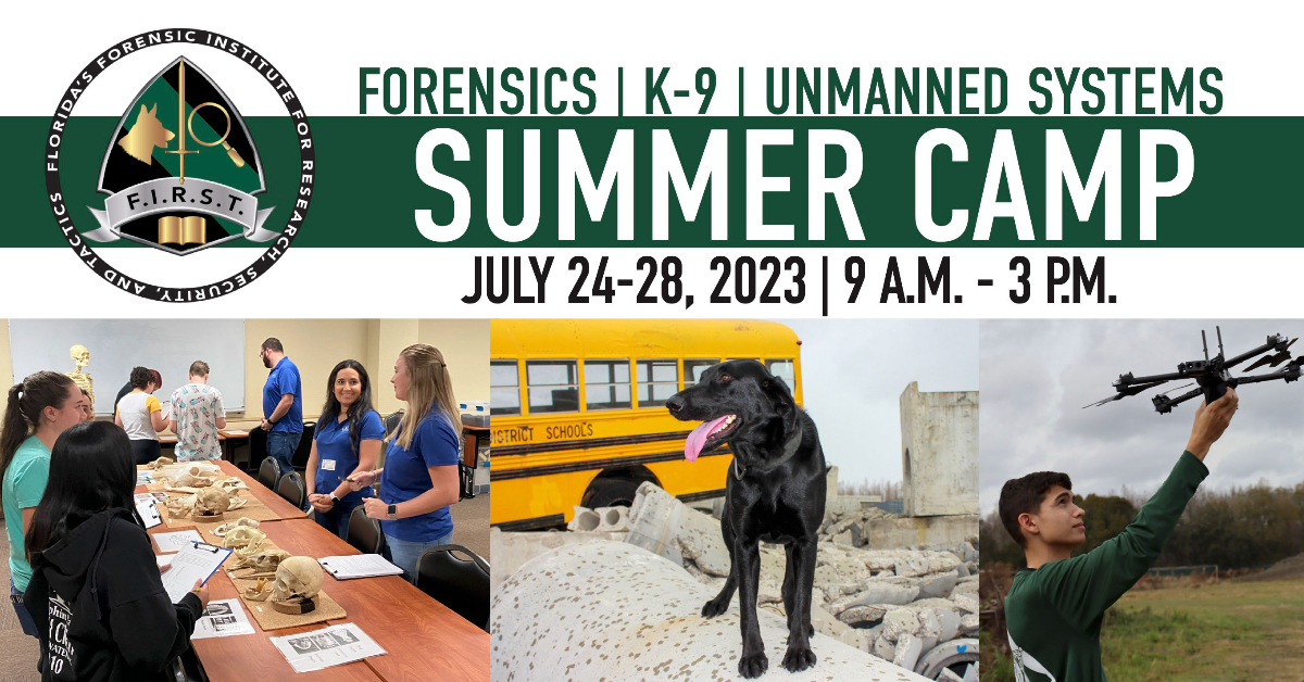 F1RST 2023 Summer Camp Image with a group of students working on a project, a black K-9 in front of a bus and a student holding a drone in a green shirt